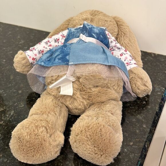 12” Manhattan Toy Company Tan Bunny Rabbit Plush Blue Dress with Pink Flower Top - Picture 6 of 8